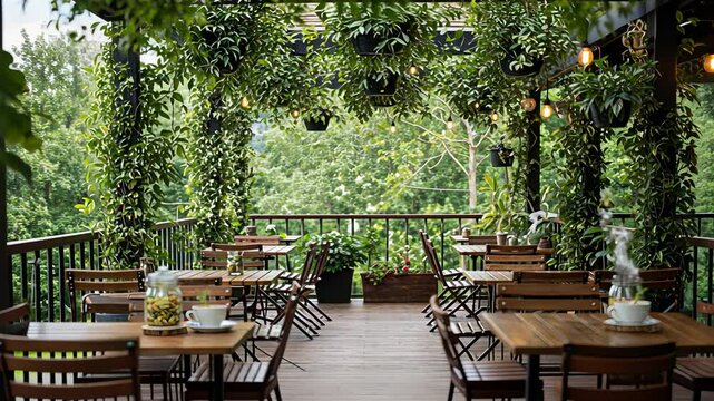 Beautiful wooden tables and chairs set up in an outdoor cafe terrace with lush green plants. Summer outdoor dining concept footage.