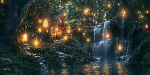 Magical Forest Waterfall Enchanting Night Lightscape Background