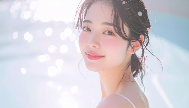 輝くプールサイドで微笑む日本人女性モデル &ndash; 夏の日差しと透明感ある美しさ
Smiling Japanese Woman by a Sparkling Poolside &ndash; Summer Light and Radiant Beauty