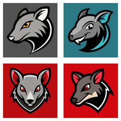 Four stylized animal head logos in teal red blue and black showcasing different animal mascot designs