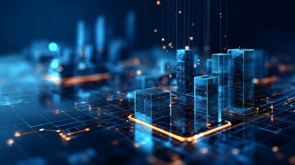 A futuristic digital cityscape built on a computer motherboard, illuminated in glowing neon blue lights. 3D blocks resembling data centers or servers are arranged like skyscrapers, with glowing 