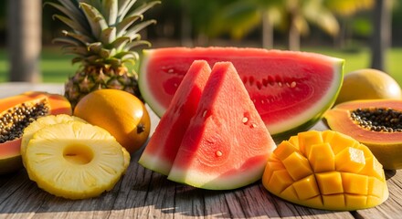 A vibrant display of tropical fruits including watermelon pineapple mango and papaya on wooden surface