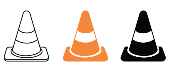 Traffic Cone Icon Line and Flat Solid Logo set. Cone Construction signal icon black outline filled version. Road Trip Icons Traffic cone flat design sign. Vector illustration.