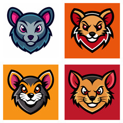 Fototapeta premium Collection of four fox head illustrations in a stylized cartoon or mascot logo design style, isolated