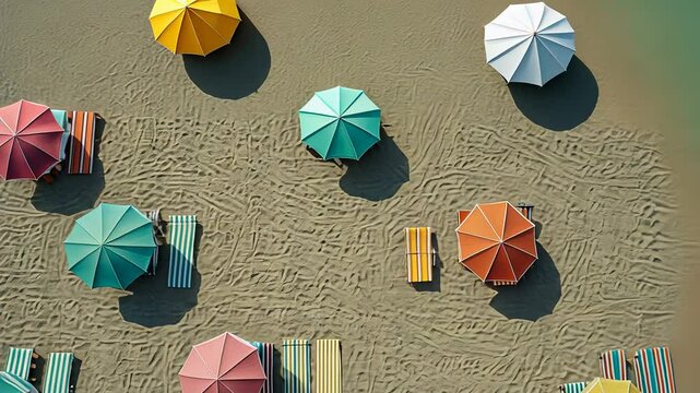 Aerial view of a sandy beach with colorful sun umbrellas and striped lounge chairs. Summer holiday, vacation concept, footage.