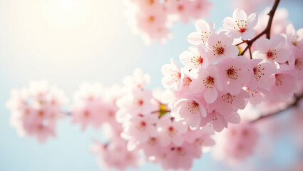 Fototapeta premium Graceful Cherry Blossom Branch with Soft Pink Petals - Springtime Beauty Against a Hazy Blue Sky