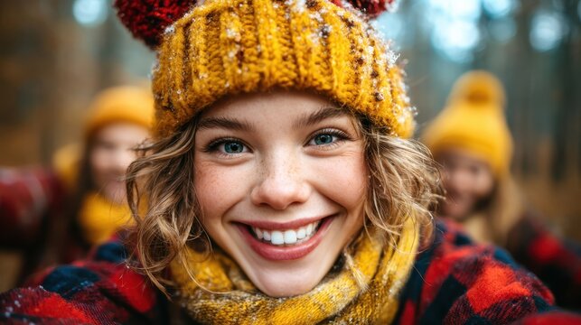 A joyful girl wearing a knitted hat and scarf, smiling brightly in a snowy forest surrounded by friends, capturing the essence of happiness, youth, and playful winter escapades.