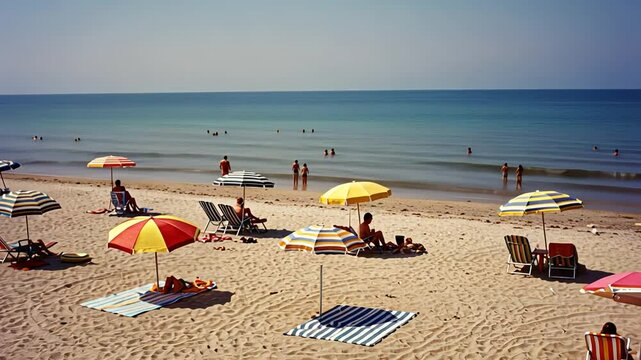 People relaxing on a sandy beach with colorful umbrellas and sun loungers near the sea on a sunny summer day, footage.