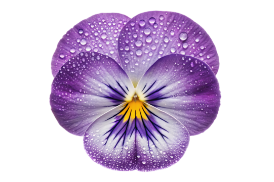 Dew kissed purple pansy flower isolated on transparent background
