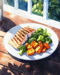 vibrant watercolor of colorful plate featuring grilled salmon, broccoli, and sweet potatoes, evoking sense of freshness