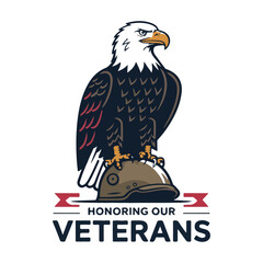 Honoring Our Veterans Day USA with Bald Eagle Perched on Military Cap

