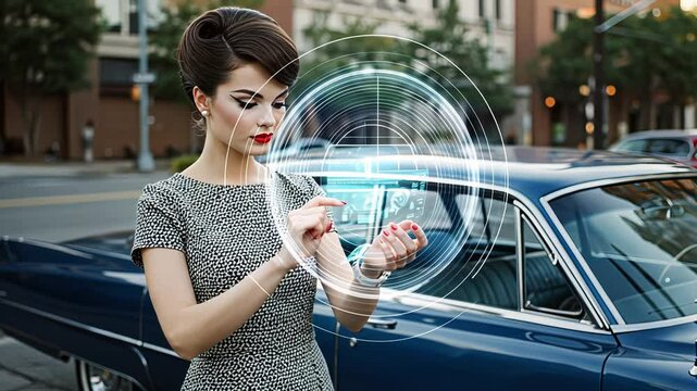 Woman interacting with transparent holographic screen from a smartwatch. Future technology and retro fusion concept footage.