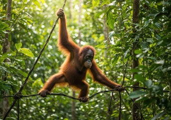 Orangutan swinging on vine in lush rainforest wildlife conservation
