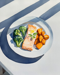 vibrant watercolor of grilled salmon fillet served with broccoli and sweet potatoes, evoking sense of freshness and health