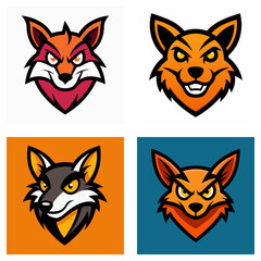 Obraz premium Four stylized fox head illustrations with varying colors and expressions in a square layout