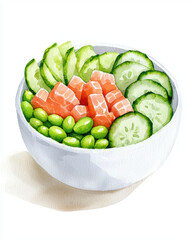 vibrant watercolor illustration of poke bowl featuring fresh ingredients like lab grown tuna, edamame, and cucumber