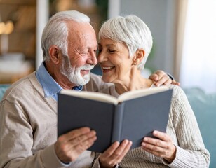 Smiling senior couple reading a book together in their cozy living room