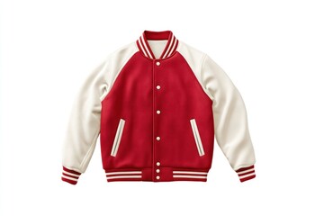 Classic Red and White Varsity Jacket with Striped Collar and Cuffs, Stylish Retro Athletic Wear for Fashion and Sports Enthusiasts