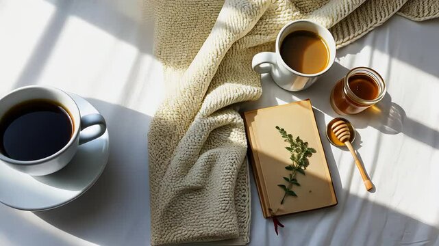 Top view of morning light on cozy white bed with coffee mug, book, honey jar, and spoon, comfort footage.