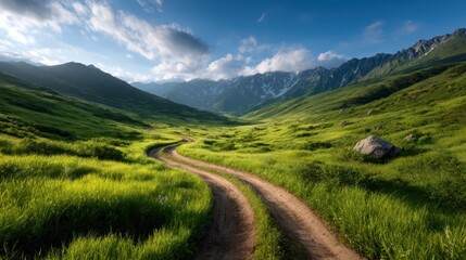 Fototapeta premium A winding dirt road amidst vibrant green grass, framed by majestic mountains and a clear blue sky, evoking a sense of tranquility and adventure in nature's embrace.