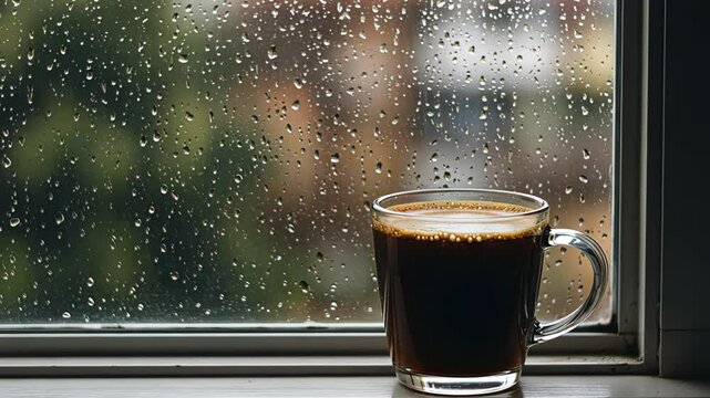 Mug of hot coffee on a windowsill with rainy window. Cozy autumn or winter day at home. Warm drink concept, footage.