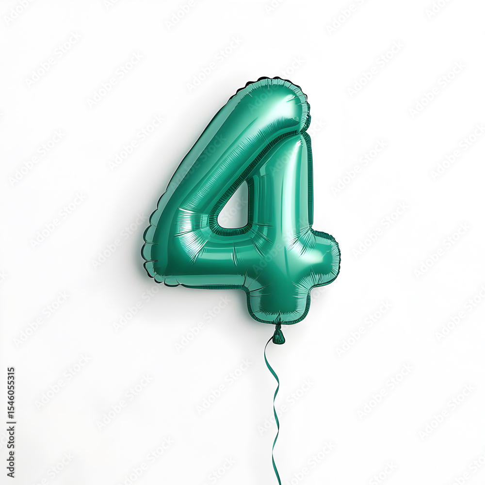 Fototapete a balloon shaped like the number 4,emerald green metallic finish with realistic reflections and smoo