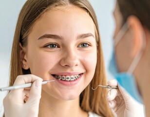 Smiling Teen Girl with Braces Undergoing Dental Checkup by Orthodontist