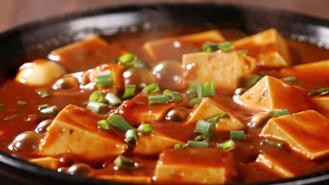 Spicy Mapo Tofu Bubbling in Chili Oil with Green Onion Garnish &ndash; Authentic Sichuan Cuisine Close-Up