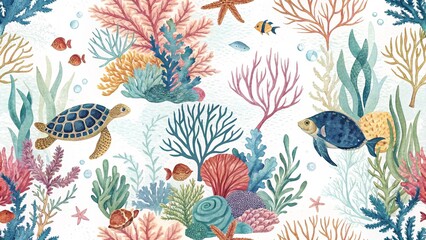 Watercolor Ocean Life Illustration with Turtles Fish Coral and Starfish on White Background