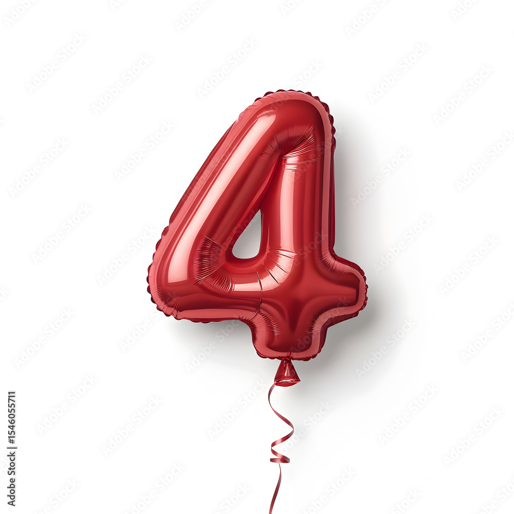 Fototapete a balloon shaped like the number 4,glossy red metallic finish with realistic reflections and smooth 