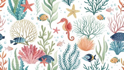 Watercolor Undersea Pattern with Fish Seahorse Starfish and Coral on White Background