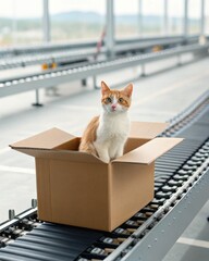 A ginger and white cat sits inside an open cardboard box on an industrial conveyor belt in a spacious warehouse.