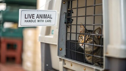 A tabby cat looks out from a pet carrier labeled "Live Animal Handle With Care," highlighting safe transport of animals.