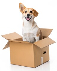 A happy corgi dog sitting inside an open cardboard box against a white background, looking cheerful and playful.