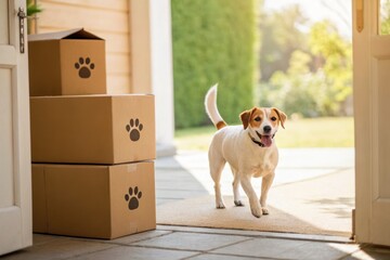 A happy dog walks indoors near stacked cardboard boxes with paw prints, suggesting pet-related moving or deliveries in a sunny home setting.