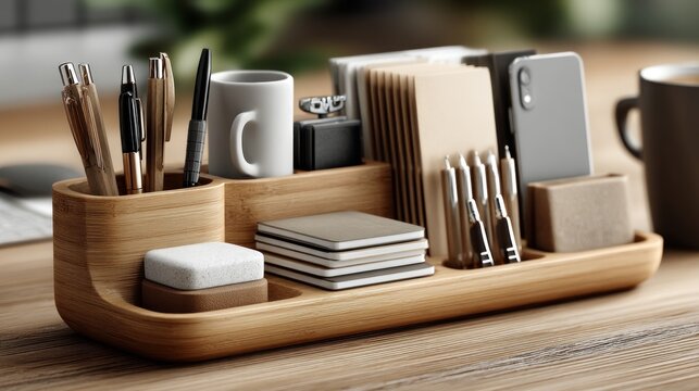 Organized wooden desk organizer with office supplies creating a productive workspace
