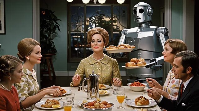 Families eat dinner served by a robot in a retrofuturistic home, depicting home automation and technological future footage.