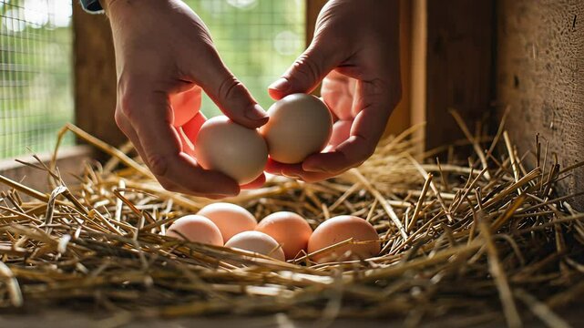 Man hands collecting fresh eggs from hen house nest. Healthy organic natural food production on farm footage.