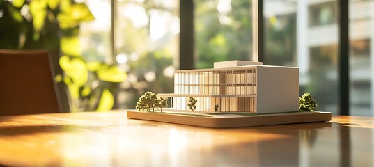 Executive Workspace Displaying Compact Educational Building Model Beside Clear Space Prepared For Logo Or Branding Content