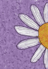 Artistic flower illustration with white petals and yellow center over a purple textured background. Hand-drawn pencil and brush style with bold black outlines