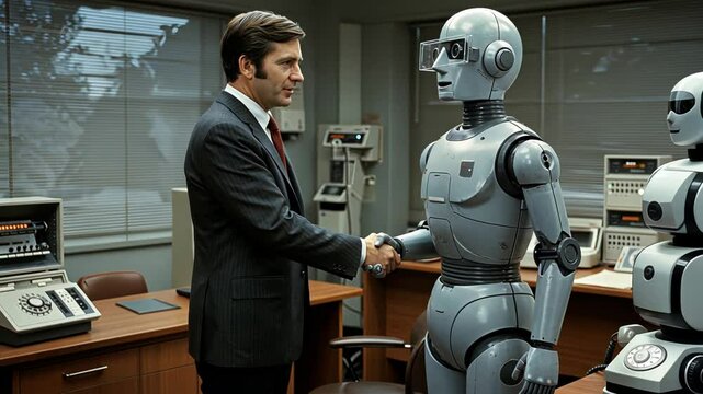 Businessman and robot shaking hands in office. Digital communication and artificial intelligence concept footage.