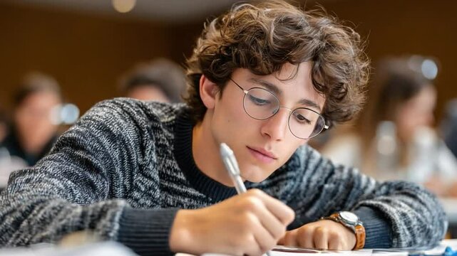 Concentrated Scholar: A studious individual with curly hair, wearing eyeglasses, is deeply engrossed in writing with a pen, captured within an educational environment.