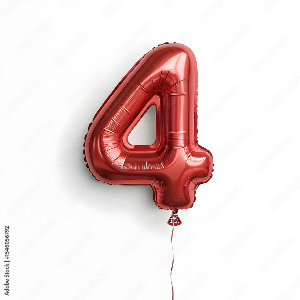 Fototapete a balloon shaped like the number 4,glossy red metallic finish with realistic reflections and smooth 