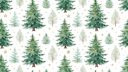 Fototapeta premium Watercolor Christmas Trees and Stars Seamless Pattern on White Background for Festive Holiday Designs