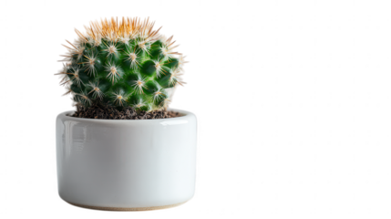 Single small green cactus in a white pot isolated on transparent background