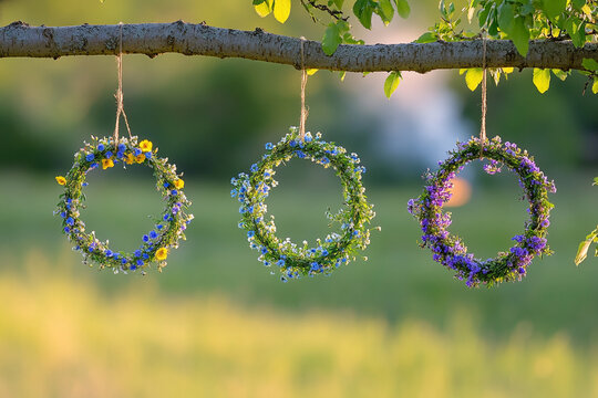 wreath of Meadow flower in summer garden, natural sunny background. Floral crown, symbol of Summer Solstice Day, Midsummer holiday. witch tradition, wiccan ritual. Litha sabbat. template for design
