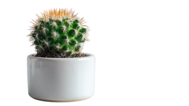 Single small green cactus in a white pot isolated on transparent background