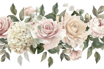 Dusty Pink and Cream Rose, Peony, Hydrangea Flower, Tropical Leaves Vector Garland