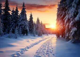 Snowy Path Leading to Sunset in Winter Forest