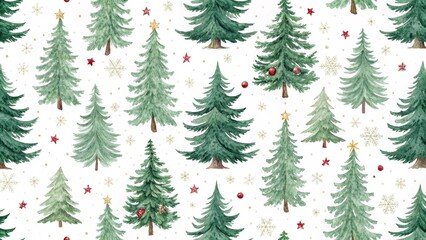 Obraz premium Watercolor Christmas Trees Pattern with Stars and Snowflakes on White Background